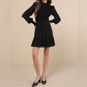 Heartful Romance Black Striped Smocked Long Sleeve Mini Dress